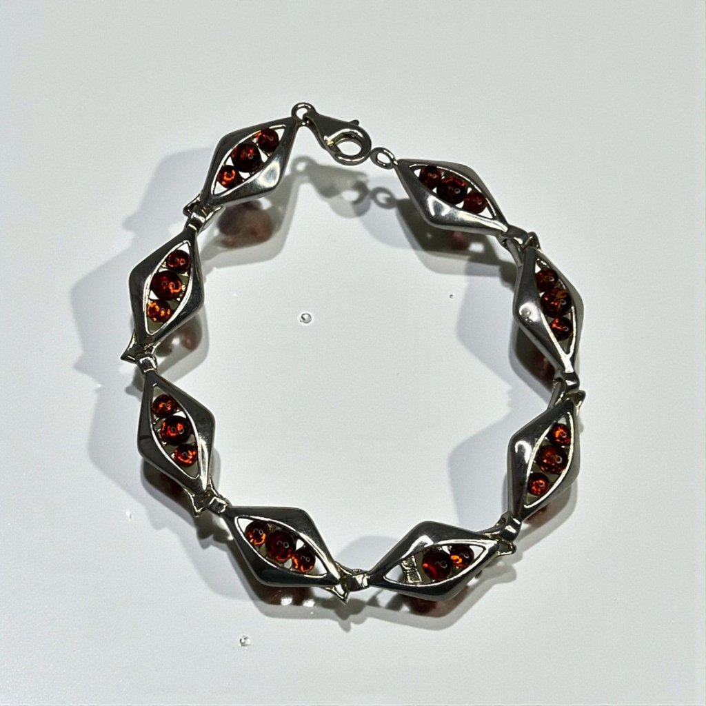 Sterling Silver & Cognac Baltic Amber Womens Bracelet Beautiful Fine Jewelry